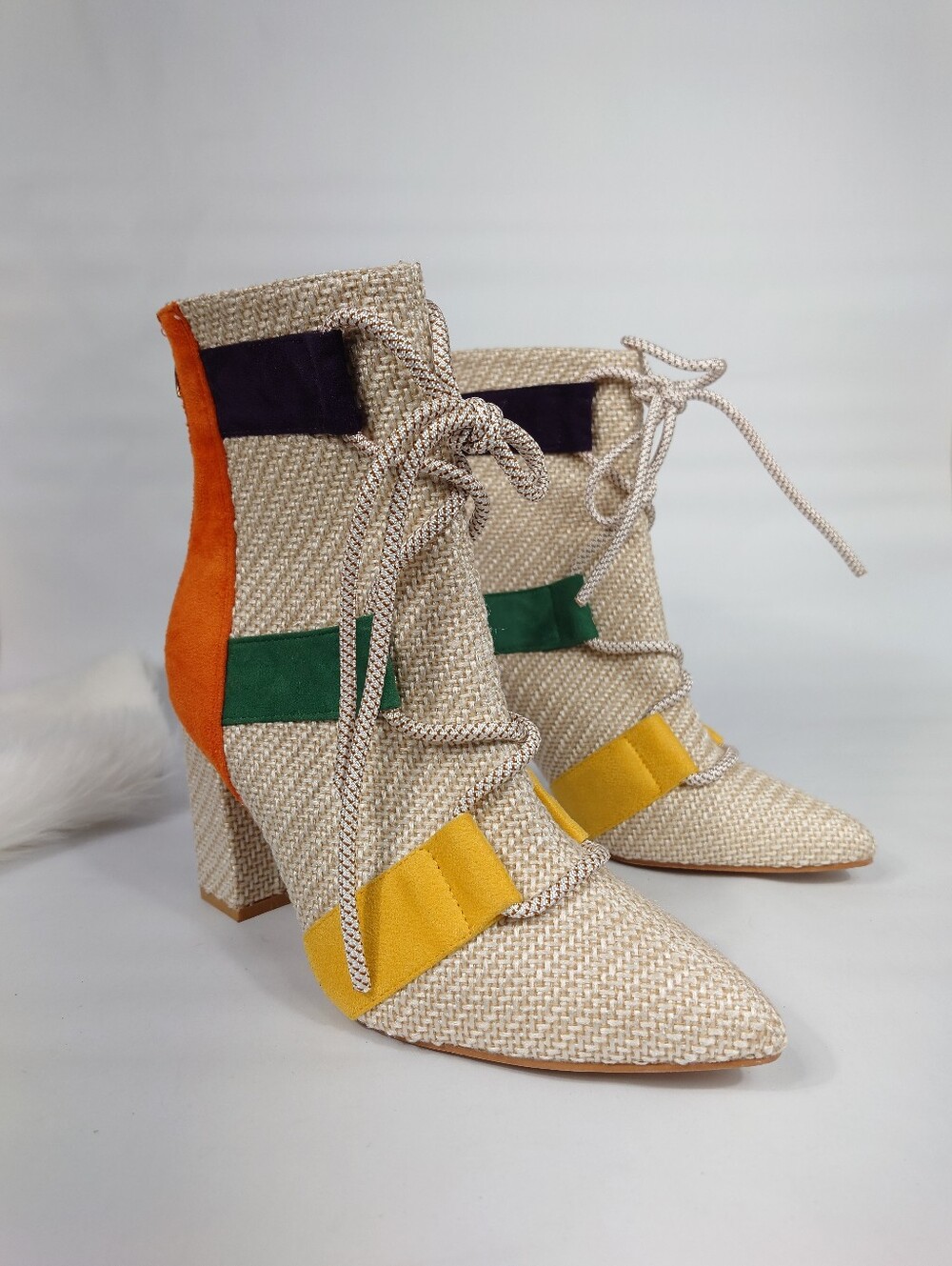 Colorblock Woven Lace-Up Ankle Boots EU 40 US 9 Block Heel